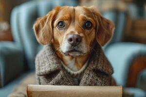 AI generated A dog in a hat and clothes reads a letter sitting in the interior photo