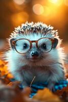 AI generated Funny hedgehog with glasses in the autumn forest. 3d illustration photo