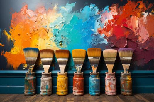 ai generado artístico cepillos manchado en pintar en un antecedentes cubierto con multicolor petróleo pinturas foto