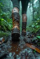 AI generated A man walking through mud in the middle of the jungle in rainy weather photo