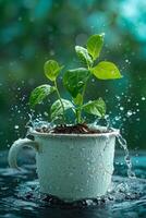 AI generated A green young plant in a flower pot, germinating seeds in a glass photo