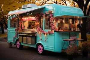 ai generado un camioneta con calle alimento. un comida camión foto