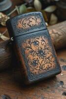 AI generated A vintage gasoline lighter for cigars stands on a stand on the table photo