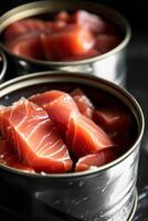 AI generated Production of canned fish. Tin cans of fish on the conveyor photo