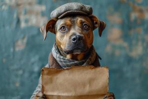 ai generado un perro en un sombrero y ropa lee un letra en un azul antecedentes foto