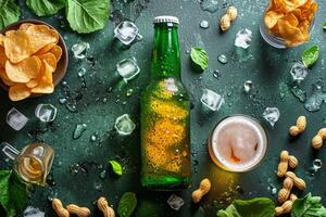 AI generated Realistic beer bottle with golden bubbles on the background with snacks. A refreshing drink without a label photo