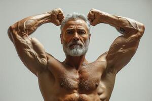ai generado un atractivo más viejo hombre con un muscular construir en un gris antecedentes foto