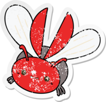 distressed sticker of a quirky hand drawn cartoon flying beetle png