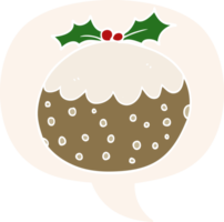 cartoon christmas pudding with speech bubble in retro style png