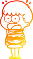 warm gradient line drawing of a cartoon shocked boy with stack of books png