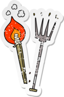 distressed sticker of a cartoon pitchfork and burning brand png