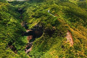 Aerial view from above of the Tamarin waterfall seven cascades in the tropical jungles of the island of Mauritius photo