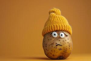 AI generated Potatoes in a yellow hat with a sad smiley face photo