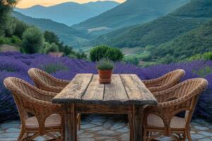 AI generated Wooden table and chairs in a field with beautiful lavender blossoms on a sunny day photo