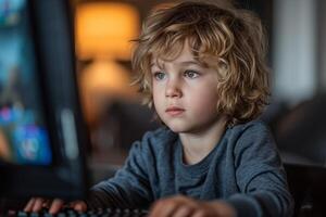 AI generated A charming streamer boy is playing a video game on a computer with a calm expression on his face photo