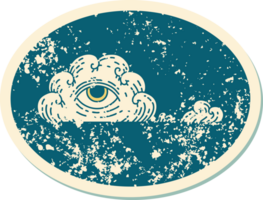 iconisch verontrust sticker tatoeëren stijl beeld van een allemaal zien oog wolk png