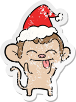 funny hand drawn distressed sticker cartoon of a monkey wearing santa hat png