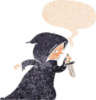 cartoon assassin with speech bubble in grunge distressed retro textured style png