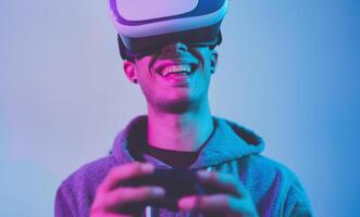 joven jugador jugando a nuevo vídeo juegos con virtual realidad experiencia - juventud personas entretenimiento y tecnología concepto foto