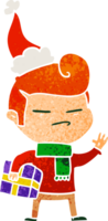 main tiré rétro dessin animé de une cool gars avec mode cheveux Couper portant Père Noël chapeau png