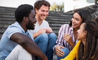 joven multirracial amigos teniendo divertido colgando fuera juntos - amistad y diversidad concepto foto