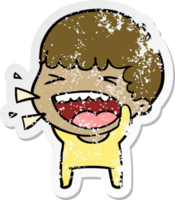 distressed sticker of a cartoon laughing man png