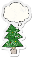 cartoon christmas tree with thought bubble as a distressed worn sticker png
