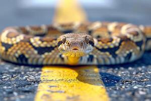 ai generado un serpiente gatea a través de un peatonal cruce en el calle foto