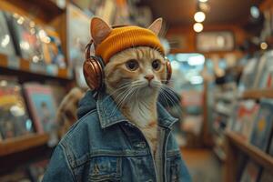 AI generated A cat with headphones in a music store photo