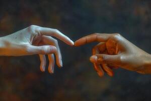 AI generated Two hands with fingers tip to tip. contact or communication between people photo