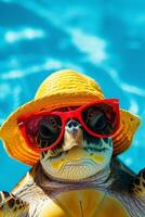 AI generated A turtle wearing glasses and a hat is relaxing on a tropical beach photo