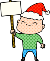 happy hand drawn comic book style illustration of a bald man wearing santa hat png