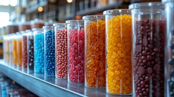 AI generated Glass flasks with colorful delicious candies on the shelf photo