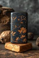 AI generated A vintage gasoline lighter for cigars stands on a stand on the table photo