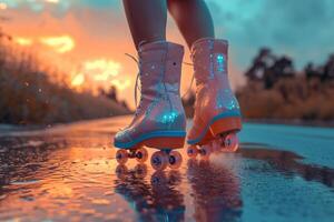 AI generated Beautiful long-legged girls pose on vintage roller skates in the park on a warm summer day photo