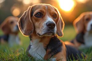 AI generated Portrait of a beagle dog in summer on a green lawn photo