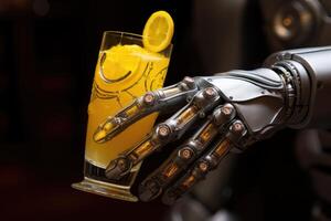 AI generated Close-up of a robot hand holding a glass of orange juice. A robot with artificial intelligence technology photo