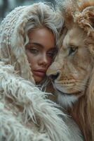 AI generated Beautiful fashionable young woman with a beautiful big lion photo