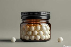 AI generated white capsules for medicines or food additives in a transparent plastic bottle on a beige background photo