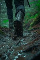 AI generated A man walking through mud in the middle of the jungle in rainy weather photo