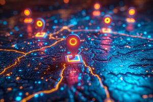 AI generated Macro photography of placemarks over the main capitals of the European continent. A map of Europe in neon light with markers. 3d illustration photo