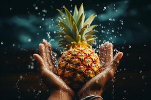 AI generated A fresh pineapple in his hands and water is pouring on it on a black background photo