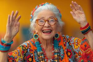 AI generated A happy and playful elderly woman in colored clothes on a yellow background photo