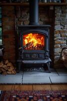 AI generated cast-iron stove in a rustic house with a fire lit inside to heat the house photo