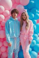 AI generated A young couple on a background of pink and blue balloons. Gender party photo