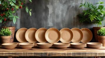 AI generated eco-friendly disposable tableware made of paper and wood on the background. the concept of recycling photo