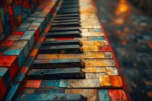 AI generated Close-up of the colorful keys of an old piano photo