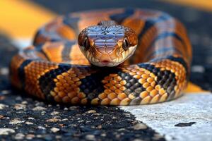 AI generated A snake crawls across a pedestrian crossing on the street photo