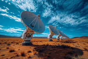 ai generado un campo con grande satélite antenas el concepto de comunicación con espacio foto