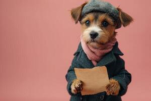 ai generado un perro en un sombrero y ropa lee un letra en un rosado antecedentes foto